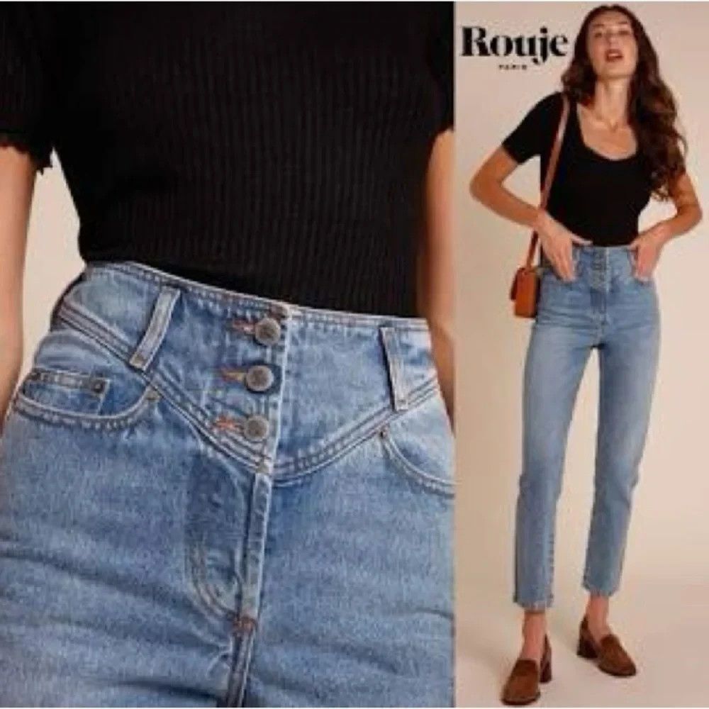 Rouje Blue Gambetta High Rise Denim Straight Leg Jeans Womens Sz 26 Quiet Luxury